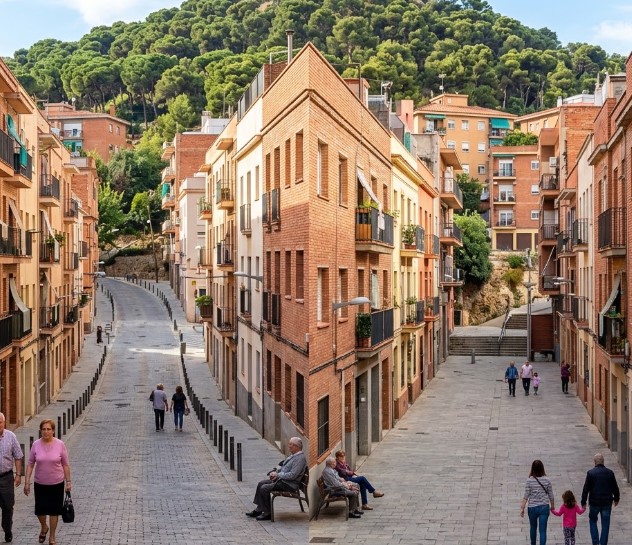 Vistas de las plazas, el pinar del Parc del Turó de la Peira y el entramado residencial del barrio